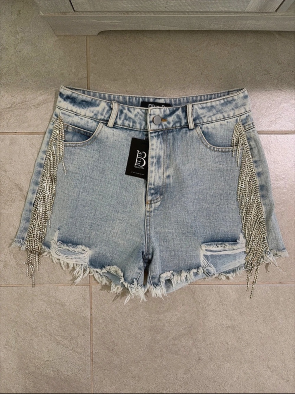 Blue Republic Light Blue Distressed Denim Shorts with Rhinestone Fringe